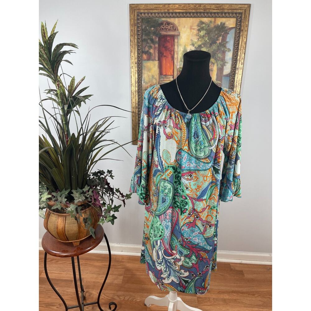 MSK Peasant Dress Womens Medium Multi Paisley Scoop Neck Eclectic Boho Bohemian
